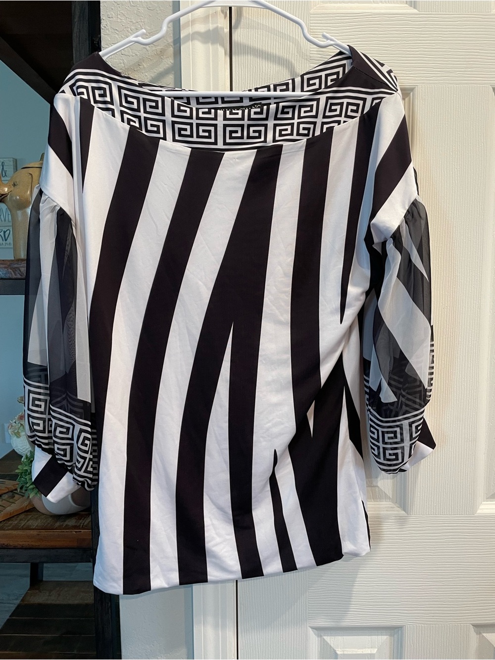 Julian Chang Black White Contrasting stripe Sheer puff sleeve off the shoulder